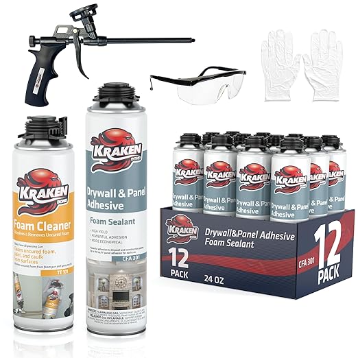 KRAKEN BOND Drywall & Panel Adhesive Foam - (12x24oz) Heavy-Duty, Fast-Curing Construction Adhesive for Concrete, Wood, and Heat Insulation Applications - Gun&Gun Cleaner Set