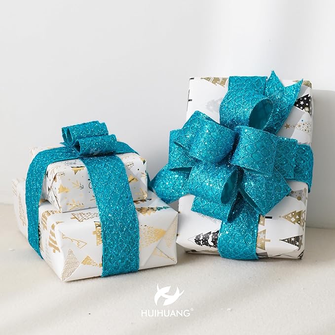 HUIHUANG Turquoise Glitter Wired Ribbon 4 inch Teal Christmas Tree Ribbon Diamond Mesh Wire Ribbon for Tree Decorations, Wreaths, Garland, Large Bows Making, Home Decor -10 Yards