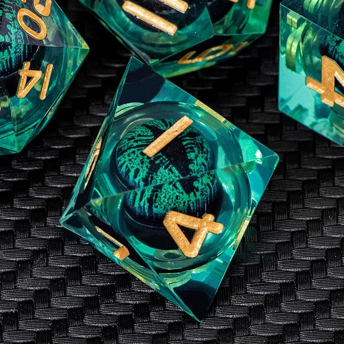 ARUOHHA Dragon Eye Dice Liquid Core DND Dice Green Sharp Edged Dice Set with Gift Box, Polyhedral D and D Dice Set Role Playing Game D20 D12 D10 D8 D6 D4