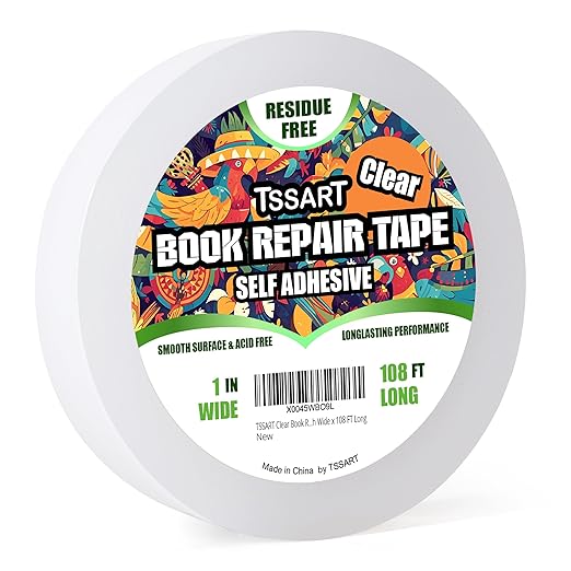 Clear Book Repair Tape - Self Adhesive Stretchable Book Tape, Essential Clear Repair Tape for Reinforcing Protecting, and Covering Mending Books Old Books - 1 Inch Wide x 108 FT Long