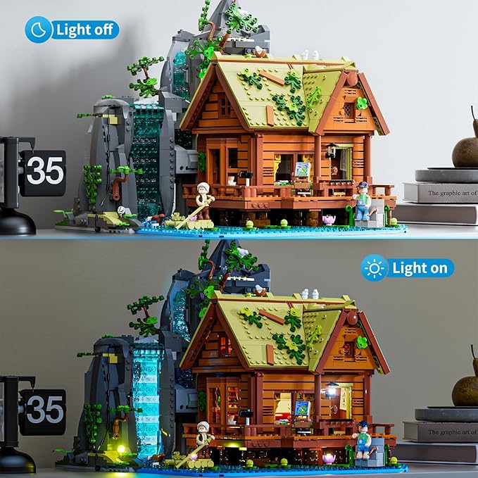 Waterfall-Cabin Lighting Building-Bricks Set - 2539 Pcs Retro Waterfall House Collection LED Light Set for Adults and Retro House Architecture Building Collectors