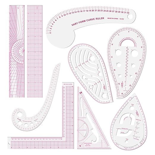 Fashion Clear Metric Sewing Ruler Set,French Curve Pattern Rulers for Beginners, Tailors, Designers, Quilting, Embroidery, Cross Stitch, Crochet, Knitting 9pcs