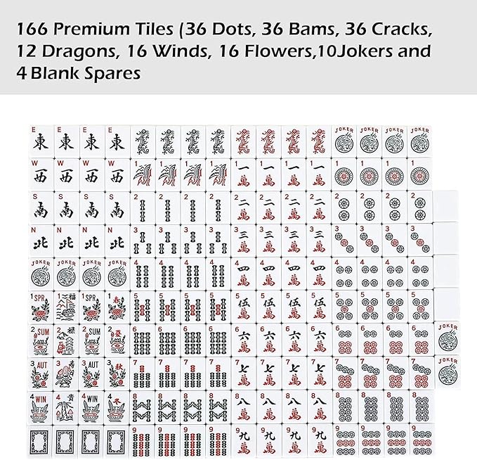 ZGME American Mahjong Set,166 White Tiles with Red Bag and Accessories,4 All-in-One Mahjong Racks with Pushers,Complete Western Mahjong Set
