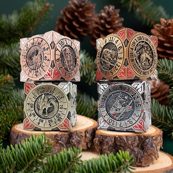 6 Sided Spinner DND Dice - Metal D4 D6 D8 D10 D10% D12 D20 All in One D&D Set - Cool Role Playing Gifts for Dungeons and Dragons TRPG MTG Games Lover Players Upgrade Ancient Bronze