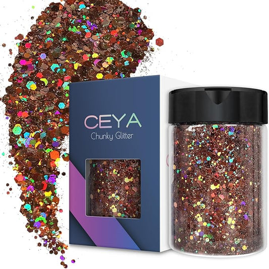 Ceya Holographic Chunky Glitter, 4.9oz/ 140g Brown Craft Glitter Powder Mixed Chunky & Fine Flakes Iridescent Nail Sequins for Nail Art, Hair, Epoxy Resin, Tumblers, Slime, Painting, Festival Decor