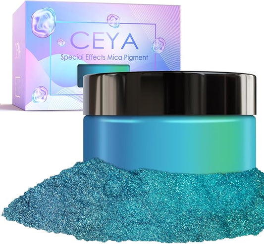 Ceya Highly Chameleon Mica Pigment, 1.8oz/ 50g Peacock Blue Teal Chrome Powder, Cosmetic Grade Pearlescent Effect Color Shift Pigment for Epoxy Resin, Makeup, Nail Polish, Soap Dye, Candle Making
