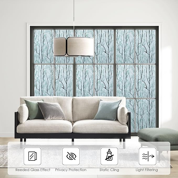 DKTIE Nature Pattern Rainbow Window Film Decorative Stained Glass Window Film Static Cling Films Easy Apply Removable Comes with Tools (U1747-Reeded Glass, 17.7" x 118.1")