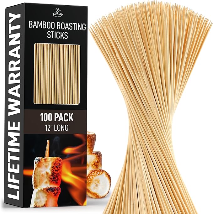 Zulay Kitchen Authentic Bamboo Skewers - 100, 12" Roasting Sticks - 5mm Heavy-Duty Bamboo Skewers - Thick Bbq Sticks - Ideal for Grilling & Camping