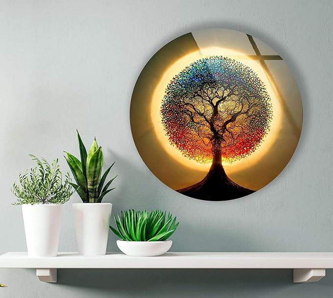My Photostation.com 39,4''(100cm) Diameter Life of Tree Round Glass Wall Art Tempered Glass Printing Wall Decor Large Wall Art Wall Hangings