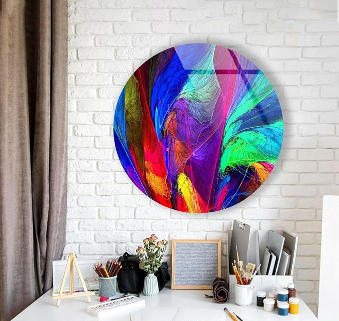 My Photostation.com 27.5''(70cm) Diameter Neon Colors Abstract Round Glass Wall Art Tempered Glass Printing Wall Decor Large Wall Art Wall Hangings