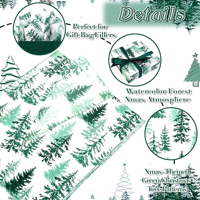 100 Sheets Christmas Tree Tissue Paper, 20x14in Forest Style Wrapping Tissue Watercolor Xmas Tree Art Tissue for Xmas Party Gift Bag Fillers Winter Party Decor (Blush Green)