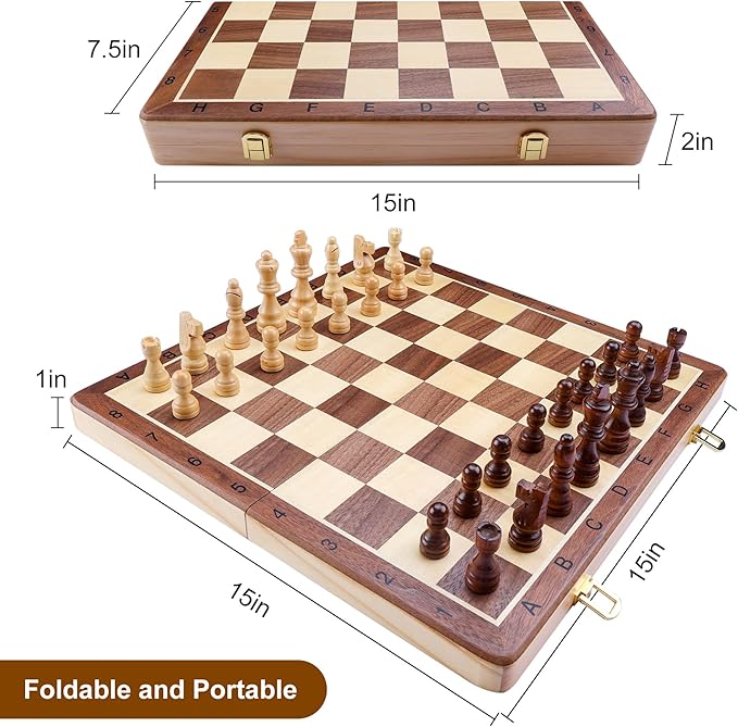 Gothink Magnetic Wooden Chess Board Set with Manual for Adults Kids 15 Inch Chess Puzzle with 32 Wood Handmade Pieces Folding Portable Travel Unique Chess Game for Tournament Professional Beginner
