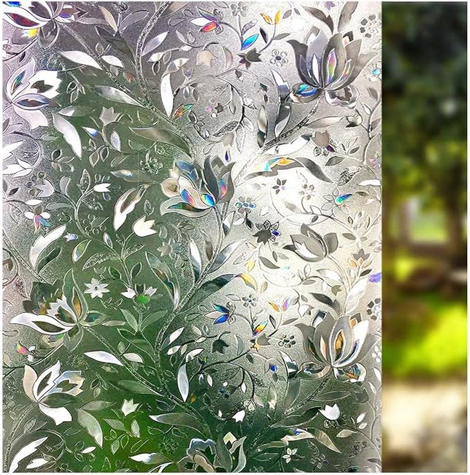 LEMON CLOUD Window Film, Decorative Window Privacy Film, 3D Stained Glass Window Sticker,Anti-UV Sun Blocker Heat Control for Home(Rainbow Tulip Design,35.4 x 157.4 inches)