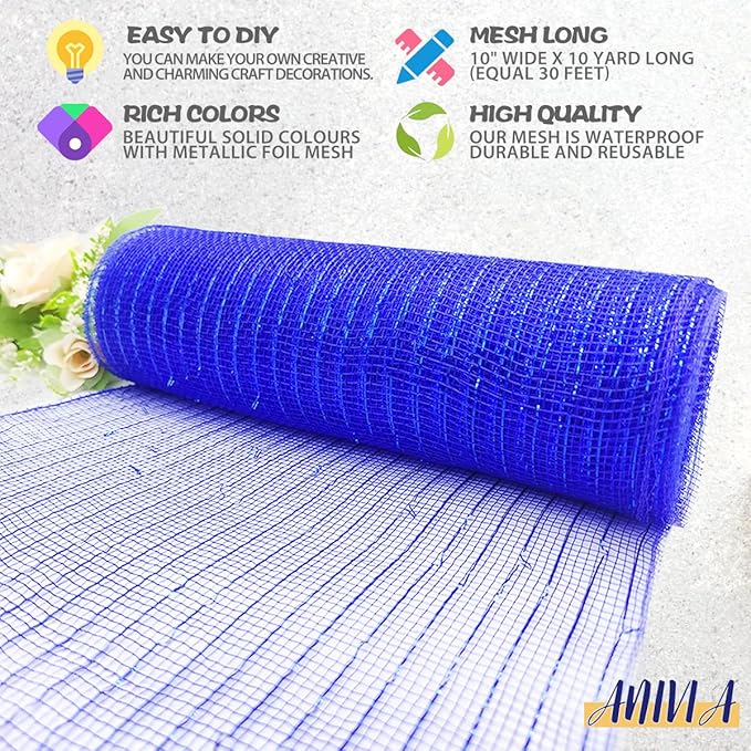 Anivia Deco Mesh Ribbon, 10inch x 30 Feet Each Roll Metallic Foil Mesh Ribbon for Wreaths Swags, Holloween, and Christmas Tree Decoration (Royal Blue/Royal Foil)