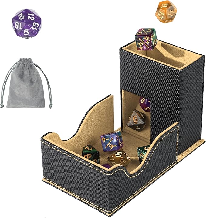 Dice Roller Tower, Premium DND Magnetic Dice Tray, Foldable PU Leather Dice Tower RPG Gifts for Dungeons and Dragons MTG Dm & Player Black/Brown
