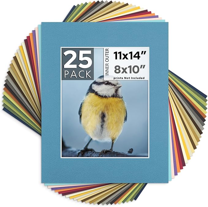 Mat Board Center, Pack of 25, 11x14 for 8x10 Mixed Color Mats - Acid Free, 4-ply Thickness, White Core - for Pictures, Photos, Framing
