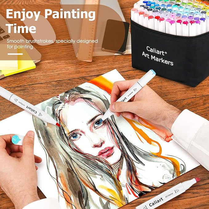 Caliart Markers, 100 Colors Dual Tip Art Markers Sketch Pens Permanent Alcohol Based, with Case for Adult Artist Halloween Drawing Sketching (White Barrel)