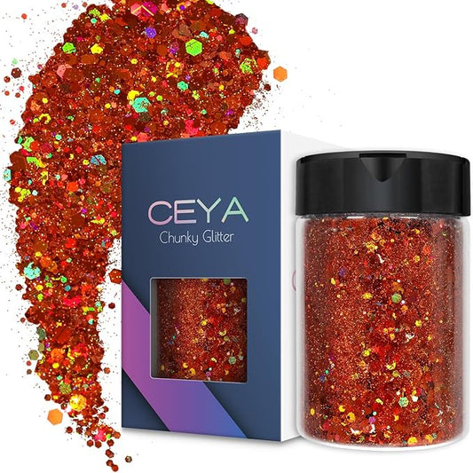 Ceya Holographic Chunky Glitter, 4.9oz/ 140g Bronze Craft Glitter Powder Mixed Fine Flakes Iridescent Nail Sequins for Nail Art, Hair, Epoxy Resin, Tumblers, Slime, Painting, Festival Decor