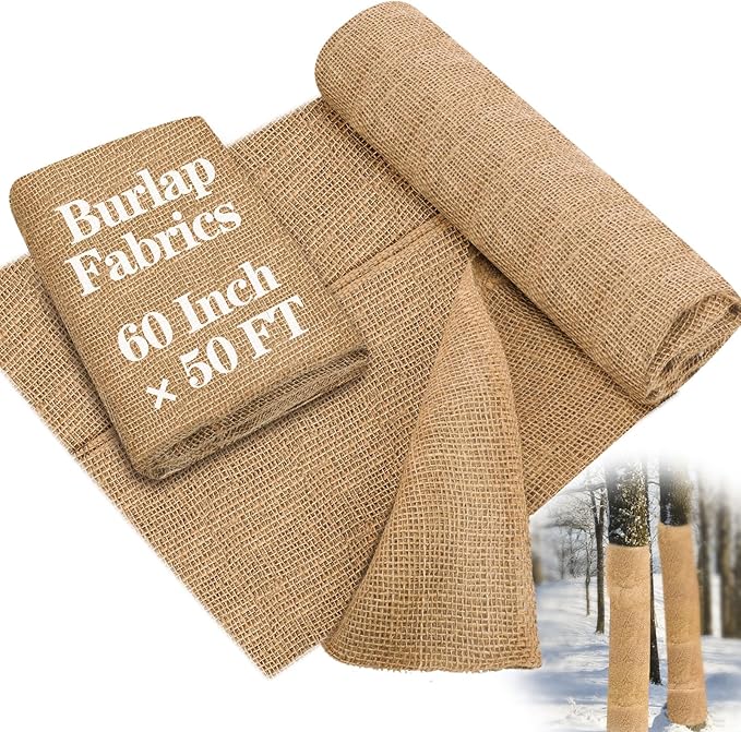Buryeah 60 Inch x 50 ft Burlap Fabrics Roll Natural Jute Burlap Garden Tree Wrap Outdoor Weed Barrier DIY Fall Halloween Craft Winter Frost Plant Landscape Blankets Cloth for Plant Gardening Shrubs