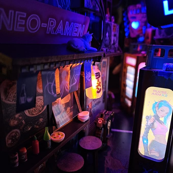 Neo Ramen MiniAlley DIY Cyberpunk Book Nook Kit – Wooden Diorama with Neon Lights, Futuristic Ramen Shop & Endless Alley Illusion – Unique Collectible Display for Bookshelf or Desk