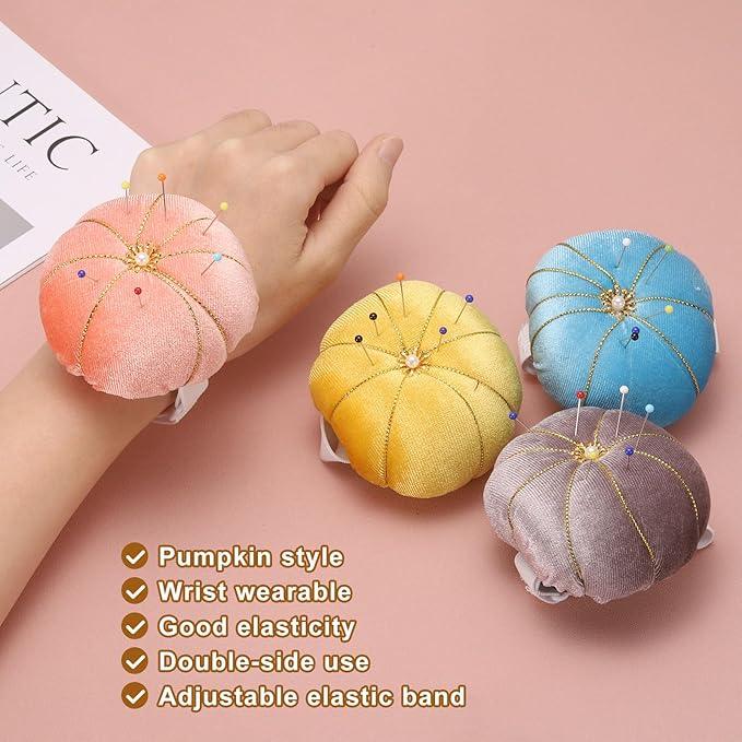 HARFINGTON Wrist Pin Cushion Wristband Sewing Pincushion Polyester Pin Holder Wearable Pumpkin Shaped Needles Wristband for Sewing Quilting Needlework DIY Crafts, Orange