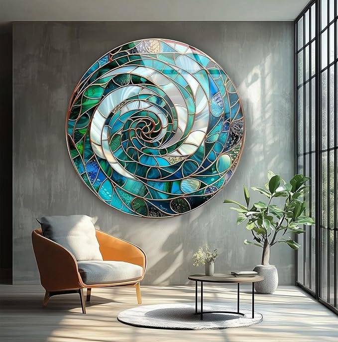 My Photostation.com 24''(60cm) Diameter Aqua Spiral Harmony Round Glass Wall Art Tempered Glass Printing Wall Decor Large Wall Art Wall Hangings