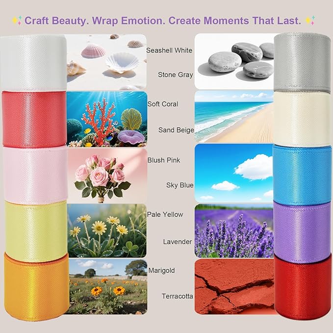 Satin Ribbon 1 Inch Pack,“Morning Meadow Set” 50 Yards Double Faced 10 Nature Colored Ribbon Bulk for Gift Wrapping, Crafts, Flower Bouquet, Easter, Wedding, Party, Hair & Bows