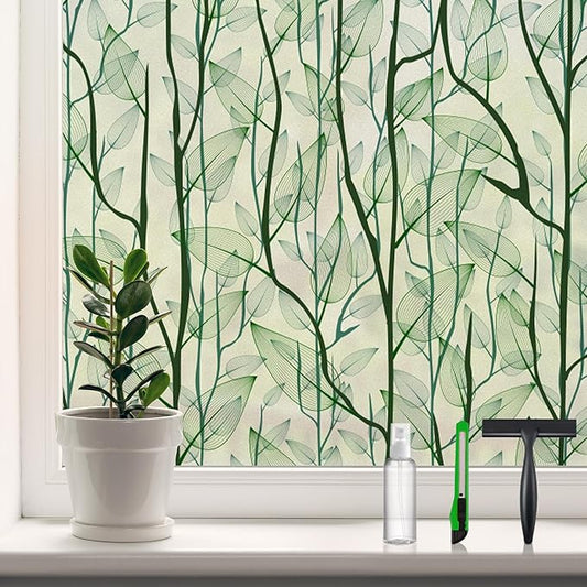 DKTIE Window Film Privacy with Installation Tools, Decorative Stained Glass Window Clings for Home, Static Cling Window Sticker for Front Door, Bathroom, Glass Door (Dark Green, 35.4'' x 78.7'')