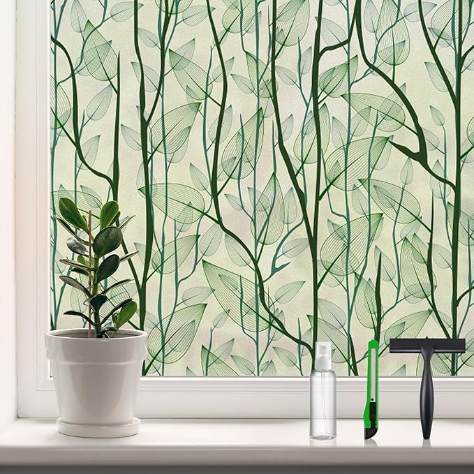 DKTIE Window Film Privacy with Installation Tools, Decorative Stained Glass Window Clings for Home, Static Cling Window Sticker for Front Door, Bathroom, Glass Door (Dark Green, 17.7'' x 118.1'')