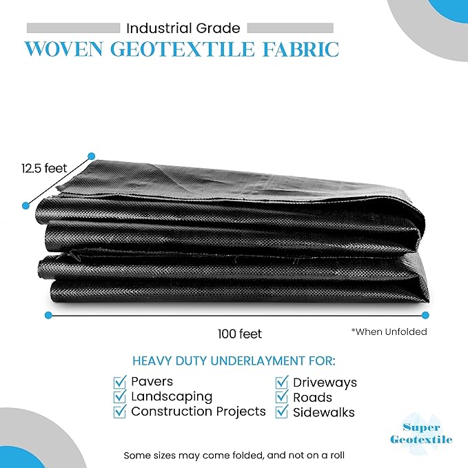 Woven Geotextile Fabric for Driveway and Road Stabilization, Construction Underlayment, Erosion Control, Commercial Grade 50 Year for Gravel Roads and Pavers (12.5x100) Ships Folded