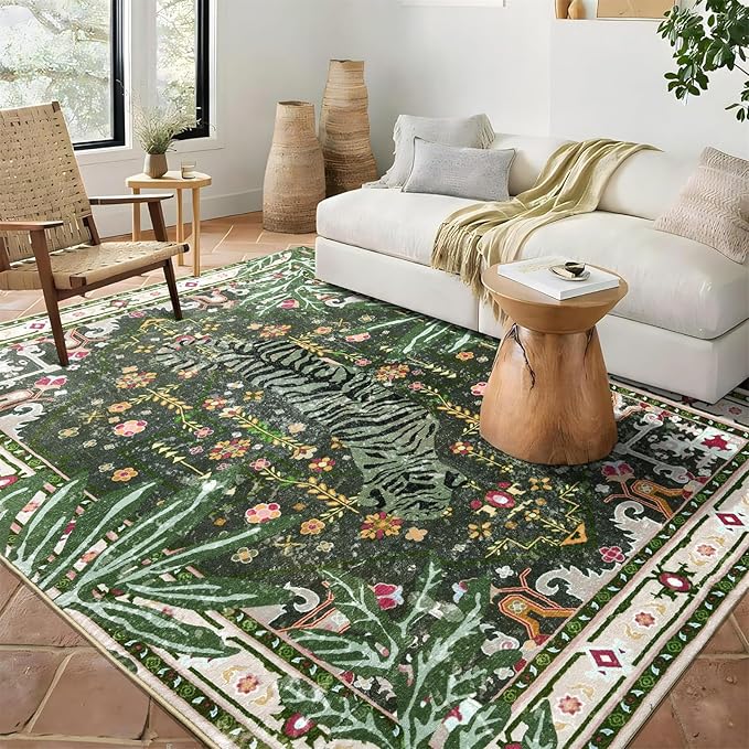 Oriental Tropical Washable Rugs, Greyish Green Boho Vintage Distressed Hippie 4x6 Area Rugs for Living Room Bedroom Kitchen Entryway Dorm, Abstract Botanical Animal Tribal Accent Carpet