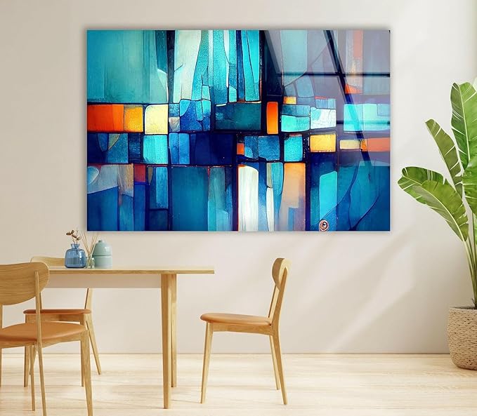 My Photostation.com 30Wx24H'' Blue Vibrant Stained Glass Wall ArtTempered Glass Printing Wall Decor Large Wall Art Wall Hangings
