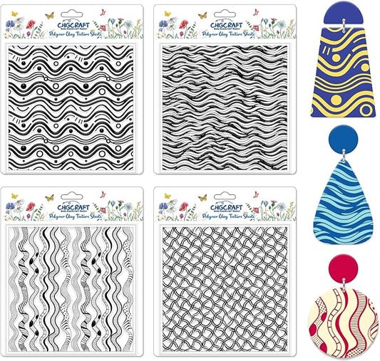 CHGCRAFT 4 Pcs Artistic Wavy Polymer Clay Texture Sheets Wavy Lines Silicone Texture Stamp Seamless Pattern Modeling Pattern Pad Sheets for Jewelry and Earrings Tools, 5.5x5.5 inch
