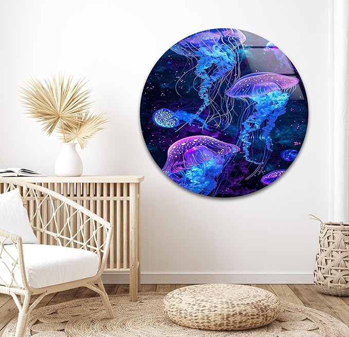 My Photostation.com 30Wx35.5H'' Glowing Jellyfish Glass Wall Art Tempered Glass Printing Wall Decor Large Wall Art Wall Hangings