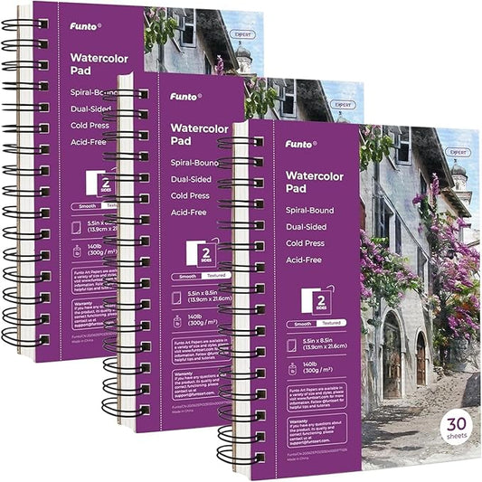 Funto Watercolor Pad 5.5x8.5, 3 Pack, 90 Sheets,140lb/300gsm, Double-Sided, Cold Press, Spiral Bound, Heavyweight Paper for Watercolor Painting