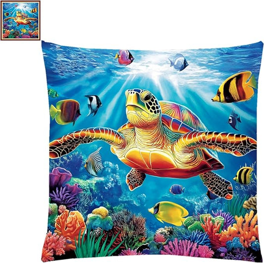 Fanxvivy Stamped Cross Stitch Kits for Adults Beginners Pillow Needlepoint Kit with Embroidery Pattern Needlework Kit Prestamped Stitches Kit 11CT Cross Stitching-Turtle Underwater World 18x18 inch