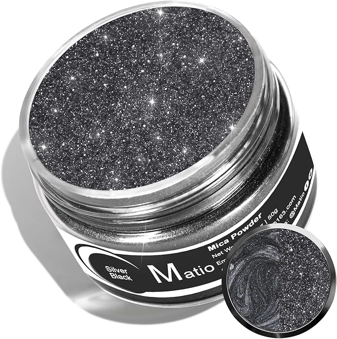 Matio Silver Black Mica Powder for Epoxy Resin, 1.8oz/ 50g Pearlescent Effect Mica Powder Natural Color Pigment for Soap Making, Bath Bomb, Candle Dye,Resin Craft,Paint,Nails Art,Jewelry,Slime Pigment