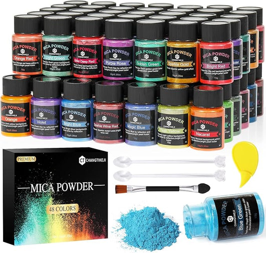 CHANGTIKEJI Mica Powder，48 Colors - 10g/Bottle of Natural Pigment Powder for Epoxy Resin，Soap Making，Candle Making,Lip Gloss,Car Freshies,Dye,Nail Polish,Bath Bombs