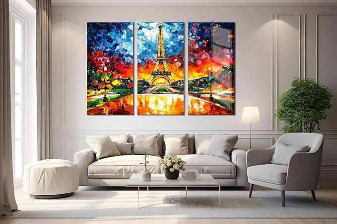 SpiritualHands Paris Eiffel Tower Glass Wall Art Oil Painting for Living Room, Tempered Glass Modern Prints Decor, Large Vivid Color Panel for Bedroom, Kitchen, or Office