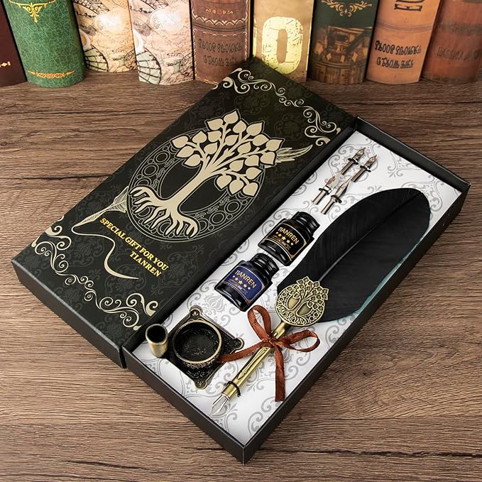 Quill pen ink set,Feather Pen and Ink Set,Antique Calligraphy Pen with 4 Replaceable Nibs,2 Bottle of ink,Feather Dip Pen Holder Christmas Gift for Men&Women.(Black)