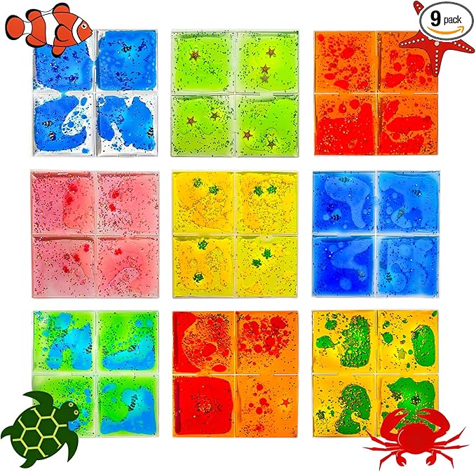 Squishy Liquid Sensory Tiles for Kids Ages 3+ – 12" Soft Tactile Visual Pads with Ocean Creatures, Glitter & Colorful Liquid for Calm Corner, Classroom, Desk or Home (9-Pack)