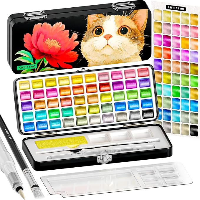 ARTISTRO 50 Metallic Watercolor Paint Set, Vivid Colors in Portable Box, Palette set. Perfect Travel Watercolor Set for Artists, Amateur Hobbyists and Painting