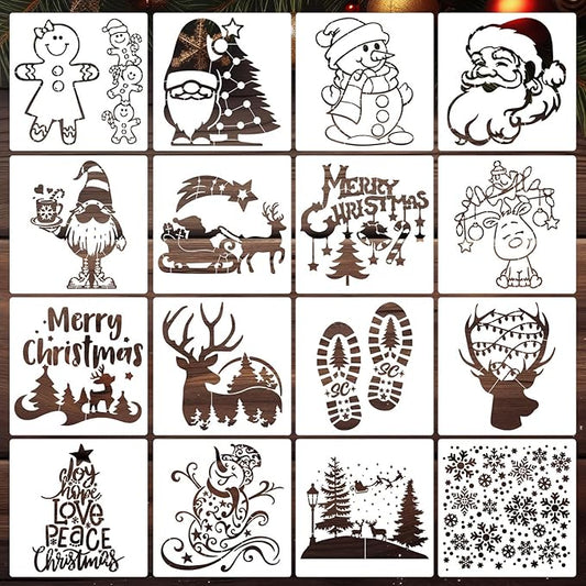 Christmas Stencils for Crafts Reusable 8” Large Christmas Stencil Santa Snowman Gnome Holiday Drawing Templates for Painting on Wood Doormat Fabrics Window Decor