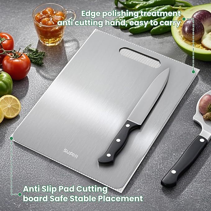 2 Pack Titanium Cutting Board, 100% Pure Titanium Cutting Boards For Kitchen, Non-Slip Chopping Board, Dishwasher Safe, Easy to Clean, Durable & Hygienic for Meat, Vegetables, Fruits (18 * 12)