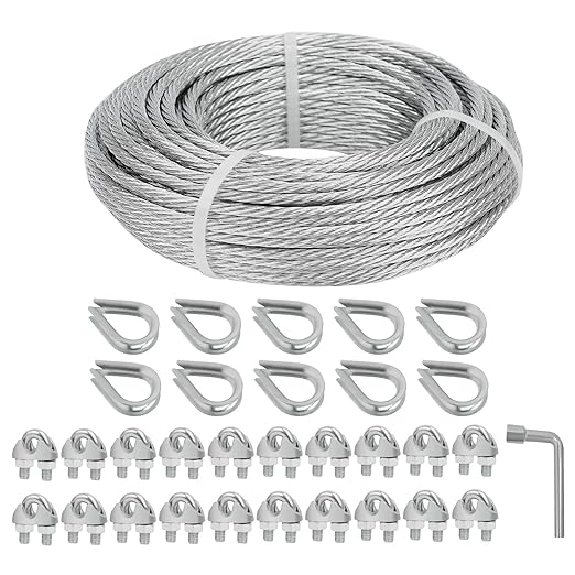 3/16 Galvanized Wire Rope, 100ft Galvanized Steel Cable 3/16 Inch, 7X7 Strands Core Aircraft Cable with 3/16 Rope Clamps, Thimbles, for Anchored Shed, Clothesline, Lights Hanging, Yard Zipline