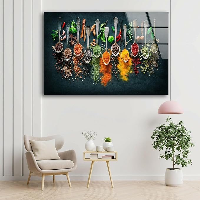 My Photostation.com 60WX40H'' Spoon Spices Glass Wall ArtTempered Glass Printing Wall Decor Large Wall Art Wall Hangings