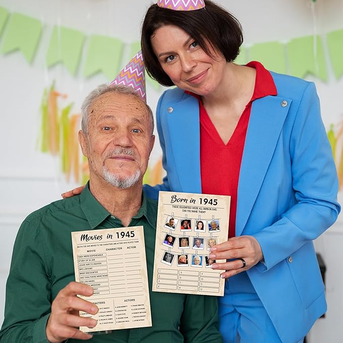 80th Birthday Party Games, Born in 1945 Games Bundle, Set of 5 Activities for 10 Guests, Birthday Party Supplies for Adults, Pack of 50 Cards