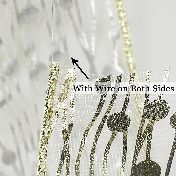MEEDEE Gold Wired Ribbon - 2.5 Inch Sheer Organza With Horizontal Stripes and Polka Dots - 25 Yards for Gift Wrapping, Garland