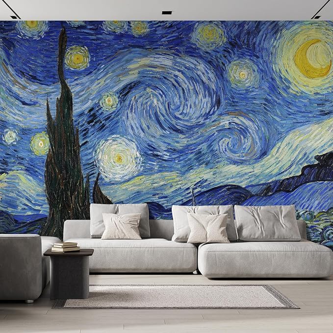wall26 Wall Sticker/Wall Mural Starry Night by Vincent Van Gogh Dutch Impressionism, Not Peel and Stick, Non-Woven Wallpaper Decorative for Bedroom, Living Room, Office - 108x144 inches