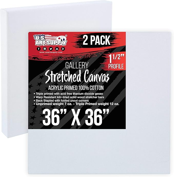 U.S. Art Supply X-Large Stretched Canvas for Painting 36x36 inch Gallery Depth 1-1/2" Thick, 2-Pack - 12oz Acrylic Gesso Triple Primed, Professional Artist Quality, 100% Cotton - Oil, Pouring Paint